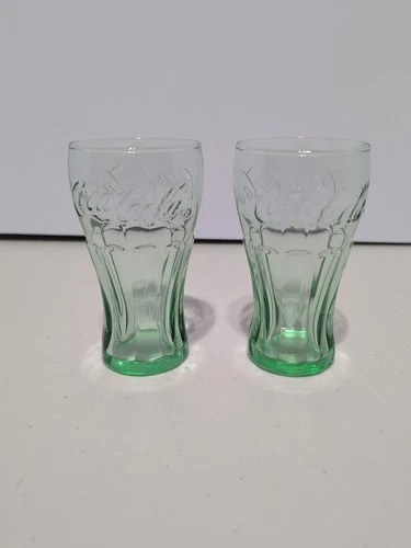 2 Mini (4 Oz) Coca-Cola Green Glasses Vintage Diner Retro Soda Shop Tiny Drink