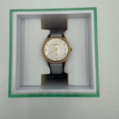 Skagen Denmark Womens Gold-Tone Watch With Crystal Bezel & Gray Leather Strap 