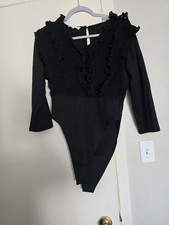 Stylish Black Long Sleeve Ruffle Detail Bodysuit for Women