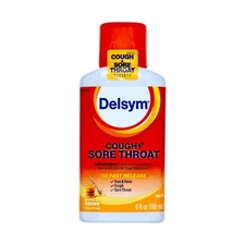 Delsym Cough + Sore Throat Pain & Fever Liquid Honey Flavor 6fl oz Exp 11/25
