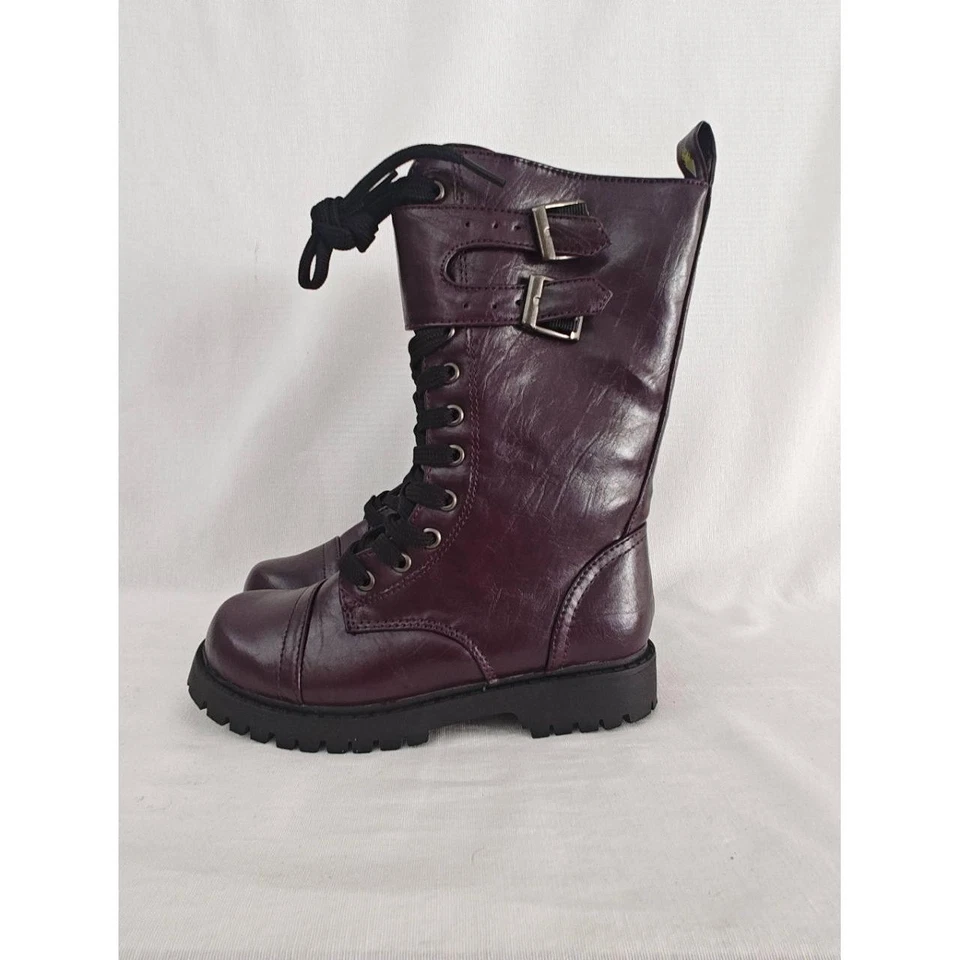 Botas SIKITA VOLÁTILES Combate Borgoña Negras Suela Gruesa Cuero Vegano Niñas 13.5 Foto 4 de 4