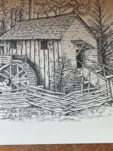 Artist Signed CABLE MILL CADES COVE by M.L. Hodges Black & White Drawing Print - Picture 5 of 13