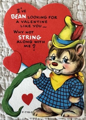 Vintage Valentine Beaver Green Bean String Me Along Greeting Card 1950s 1960s
