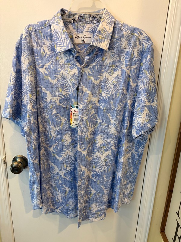 Robert Graham MENs Spencer Floral Tropical Leaf Blue/White S/S Shirt 2XL NEW W/T