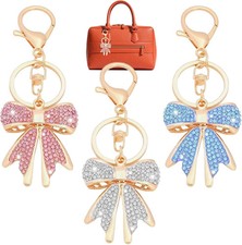 3 PCS Rhinestone Bow Keychain Gold Bowknot Key Chain Sparkly Purse Charms Cute C