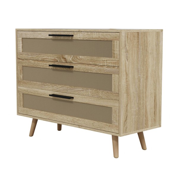 Hago Kommode 3 Schubladen Rattan Holz Anrichte Eiche Sonoma 100X77X40 Sideboard-image
