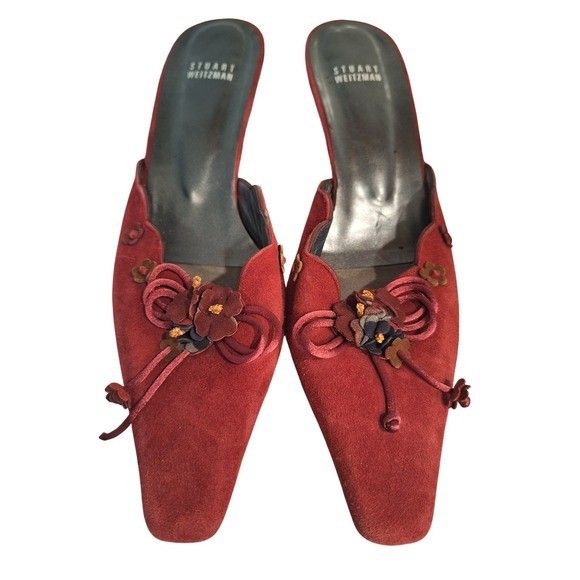 Stuart Weitzman Kitten Heel Mules Size 8.5M Red Floral Suede