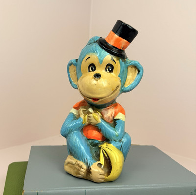 Vintage 1967 Japan Chalkware Collectible Bright Blue Monkey Bank w/ Stopper EUC