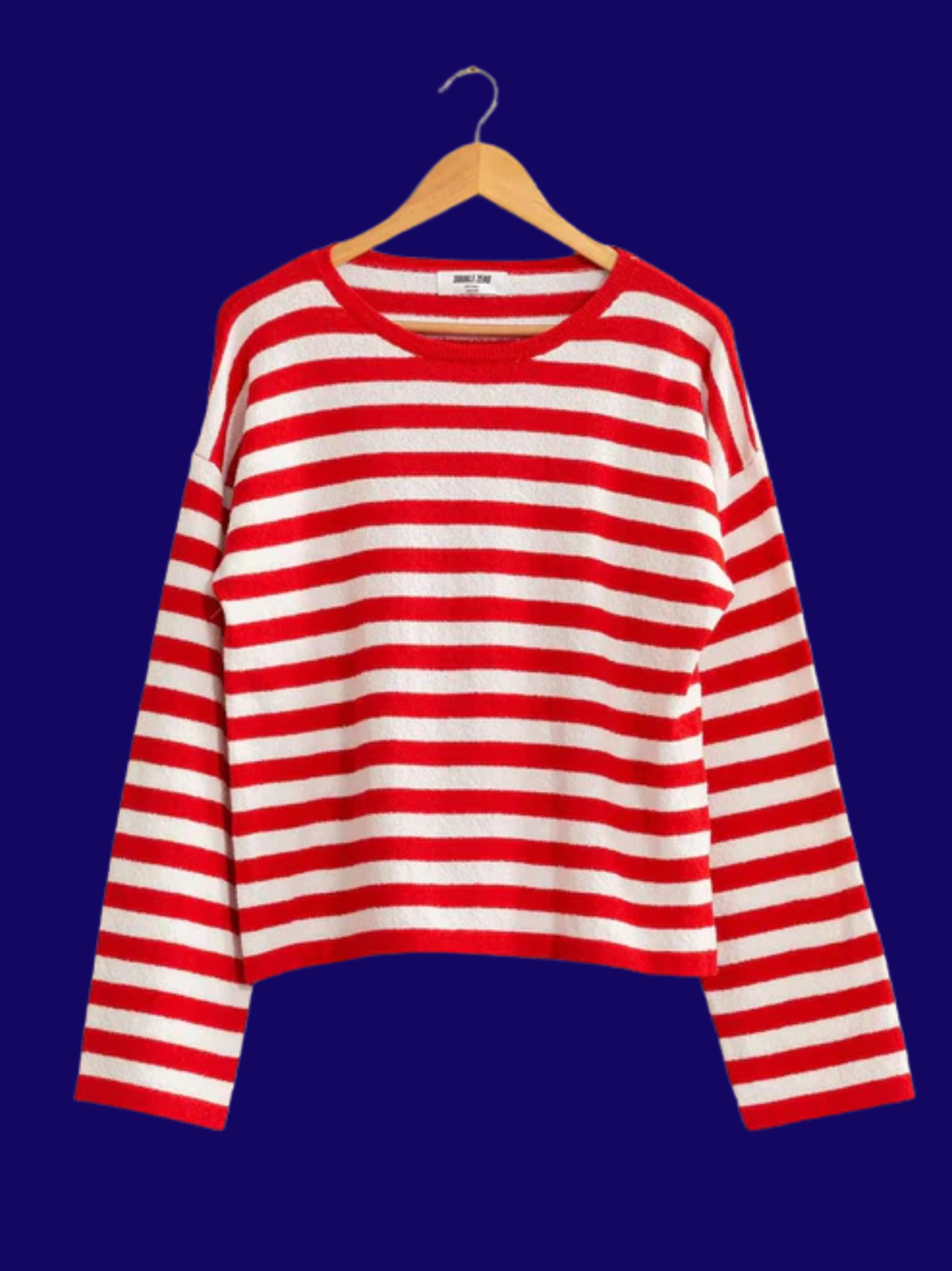 Women's Cream/Red Horizontal Stripes Long Sleeve Sweater, (Small)
