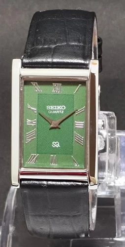 Vintage Seiko Slim Tank Quartz Green Dial New Battery Men's Wrist Watch