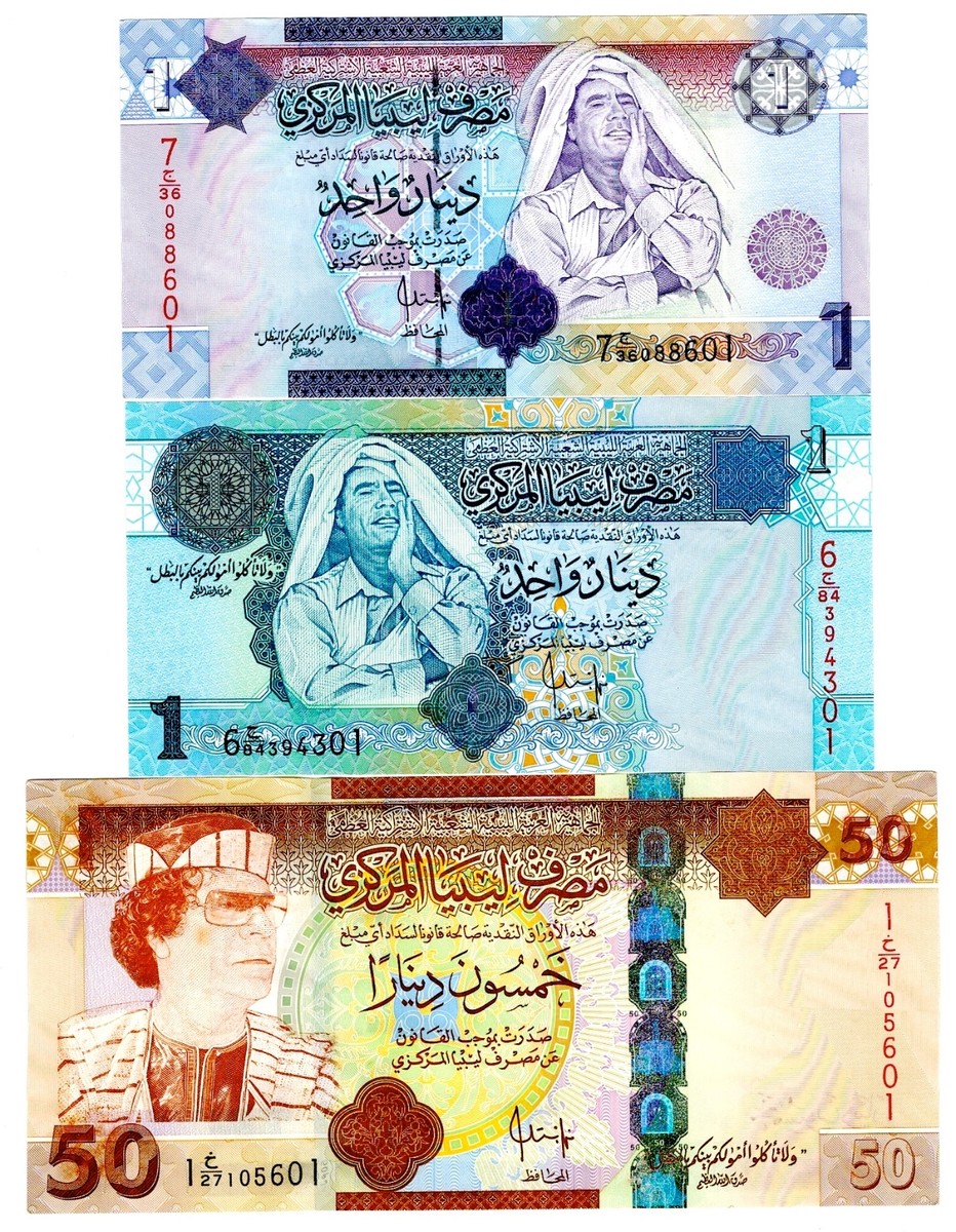 Libya 3 Notes 1,1 & 50 Dinars Uncirculated Notes { Mummer