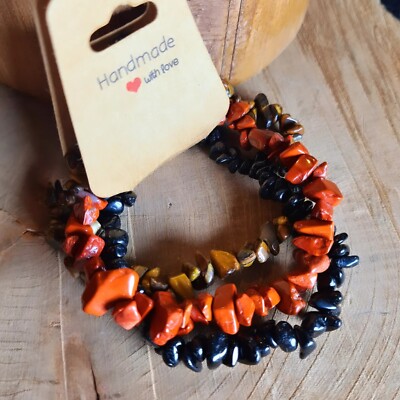 3er Set Kristall Armbänder: schwarzer Turmalin, Tigerauge, roter Jaspis, Unikat Brac