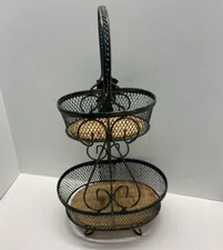 Double Tiered Metal & Wicker Decorative Basket Green and Gold Handle 10 inch