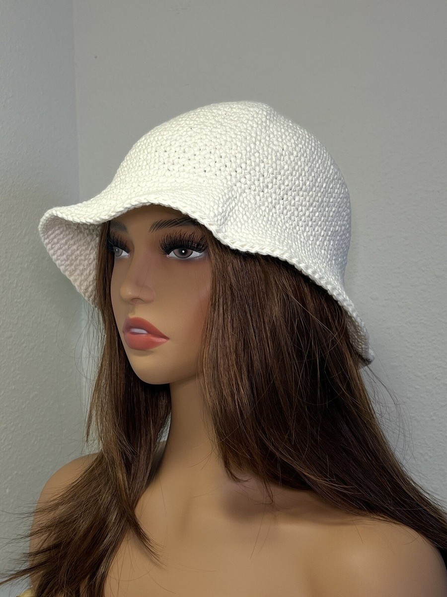 Crocheted Bucket Hat Handmade Cotton Sun Hat, warm White, Ecru, Simi Wavy  Brim