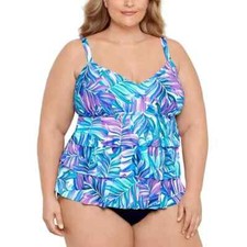 Swim Solutions Tummy Control Fauxkini One-Piece Swimsuit Dancing Palm Sz 16W NWT