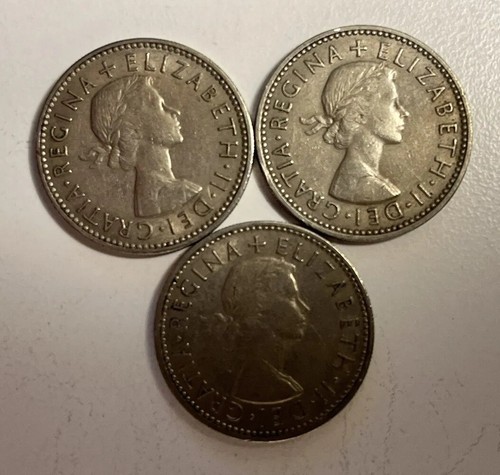 Lot of 3: 1956, 1960, 1964 BRITAIN 1 Shilling Coins - Picture 2 of 2