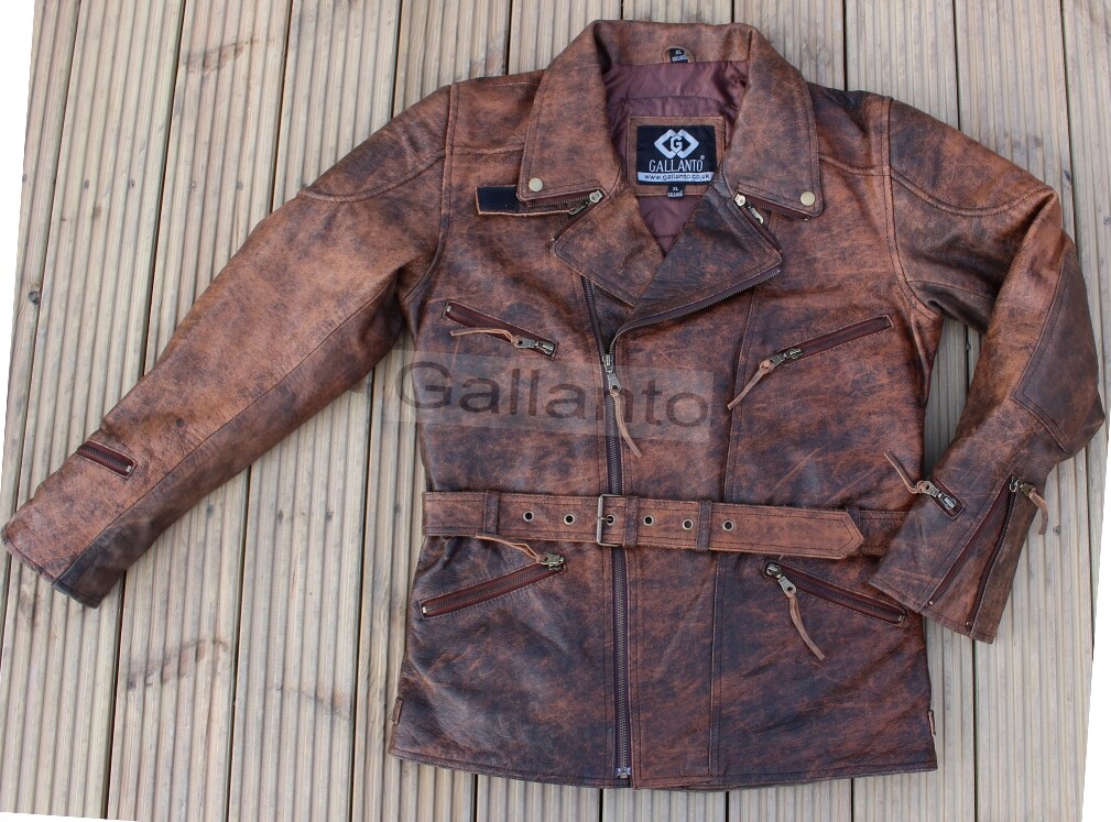 Eddie Mens 3/4 Motorcycle Long Biker Brown Distressed Vintage Leather