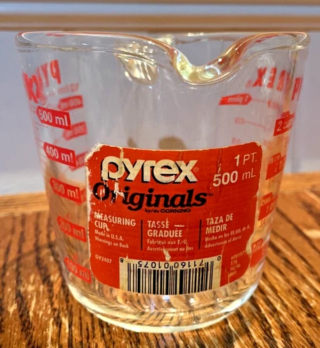 PYREX 2 Cup 16 oz 516 Glass Red Letter Measuring Open Handle Vtg NOS MCM READ