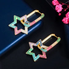 Gold Plated Cubic Zirconia Rectangle Star Drop CZ Huggie Hoop Earrings for Women