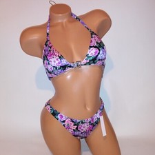 Victoria Secret Swim Bikini Medium Top  Bottom Black Floral Bling Logo Center