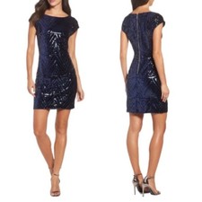Eliza J Navy Blue Velvet Cap Sleeve Sequin Mini Dress, Size 12, Cocktail Party