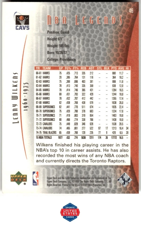 2000-01 Upper Deck Legends #46 Lenny Wilkens - Image 2 of 2