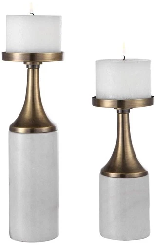 Castiel White and Brass Pillar Candle Holders Set of 2 - Picture 2 of 3
