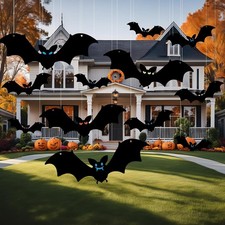 12 Pcs Hanging Bats Halloween Decorations Outdoor, Large Flying Large, Black