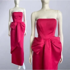 VICTOR COSTA Fuchsia Pink Bow Strapless Gown Liquid Satin 80s 