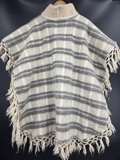 Vintage 100 Wool Fringe Poncho Cape Oversized Rustic Turtleneck Cream Gray