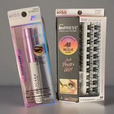 Lashes KISS Press N Go CURLY Falsies No Glue Required 30 Clusters W/Overnighter