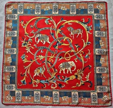 SCARF  VINTAGE AUTHENTIC ROECKL CIRCUS ART  RED BLUE SILK 20" SQUARE SMALL