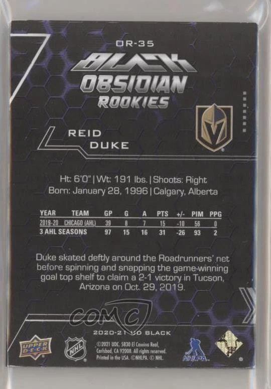 2020-21 SPx UD Black Obsidian Rookies Purple /99 Reid Duke #OR-35 RC - Image 2 of 2