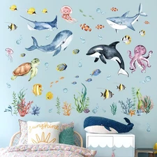 decalmile Under The Sea Watercolor Fish Wall Decals Ocean Dolphin Sea Turtle Sea