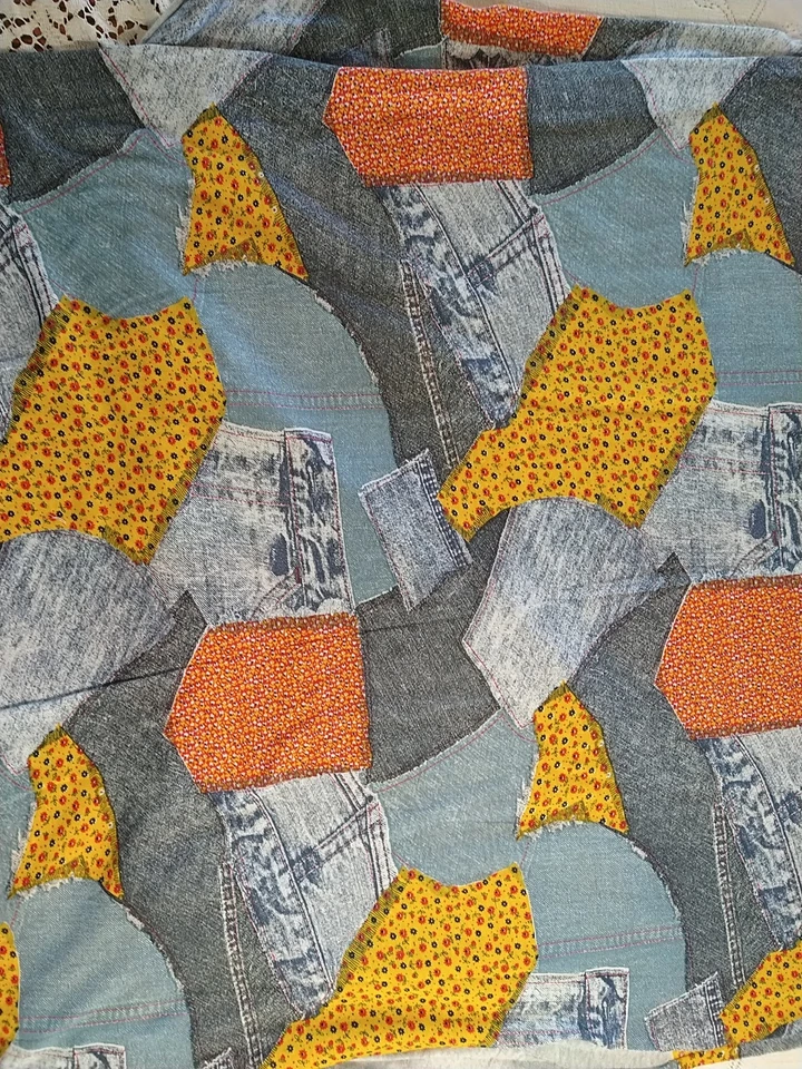 Faux Patchwork Denim & Calico Patch Tissue Jersey Knit Fabric 33" long x60" wide - Image 3 of 4
