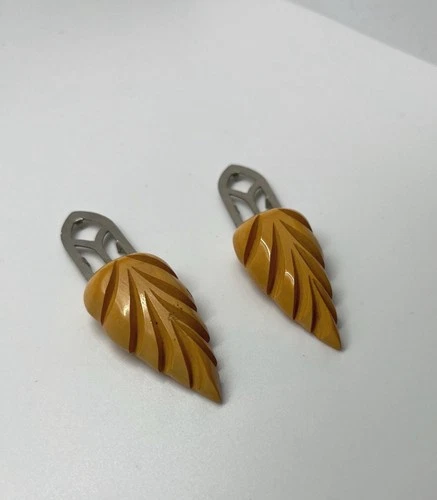 Vintage Carved Butterscotch Bakelite Dress Clips Leaves Pair - 1930s Jewelry