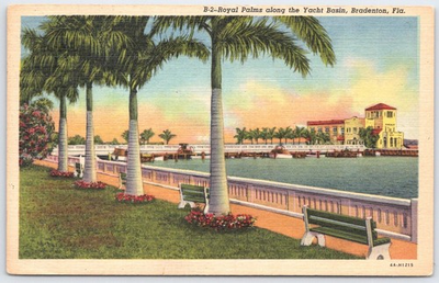 #ad 1966 Bradenton FL Yacht Basin Royal Palms Linen Postcard Curteich Art Colortone $4.50