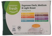 *2027-6-3* Amazon Fresh Espresso Dark, Medium & Light Roast Aluminum Capsules