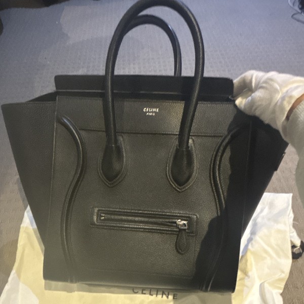 CELINE Luggage Tote Handbag Black Leather Zip Closure Double Handles Dust Bag