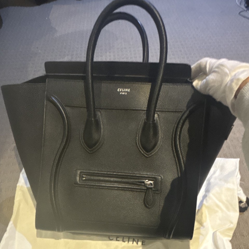 CELINE Luggage Tote Handbag Black Leather Zip Closure Double Handles Dust Bag