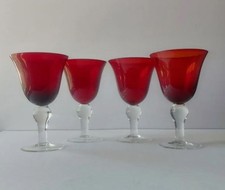VINTAGE Ruby Red Clear Stem Wine Glasses Water Goblets Set of 4 Collectible
