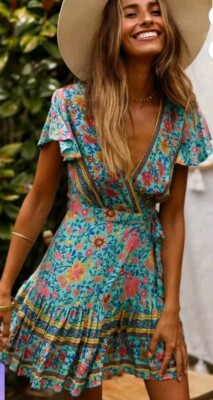 zesica bohemian dress ZESICA Floral Print Short Sleeve V Neck High Waist Boho Dress zesica
