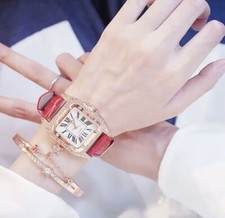 2Pcs Set Women Diamond Watch Starry Square Dial Bracelet 