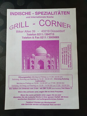90er J. / Anfang 2000  GRILL-CORNER Speisekarte, Düsseldorf - DM-Preise, Sammler