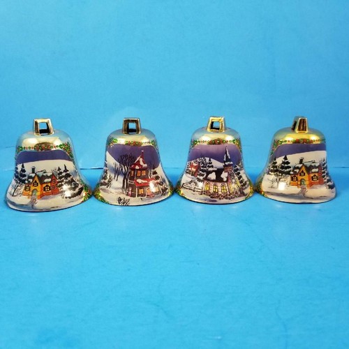 4 Vintage Plastic Bell Ornaments Lot Plastic Wrapped Bear Santa House Church 2" - Picture 7 of 8