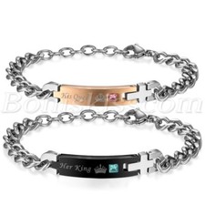 2pcs Unique His Queen/Her King CZ Stainless Steel Couples Gift Bracelet Chain