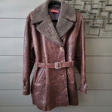 Sundance Leather Belted Coat Distressed Brown Jacket Womens Medium Euc
