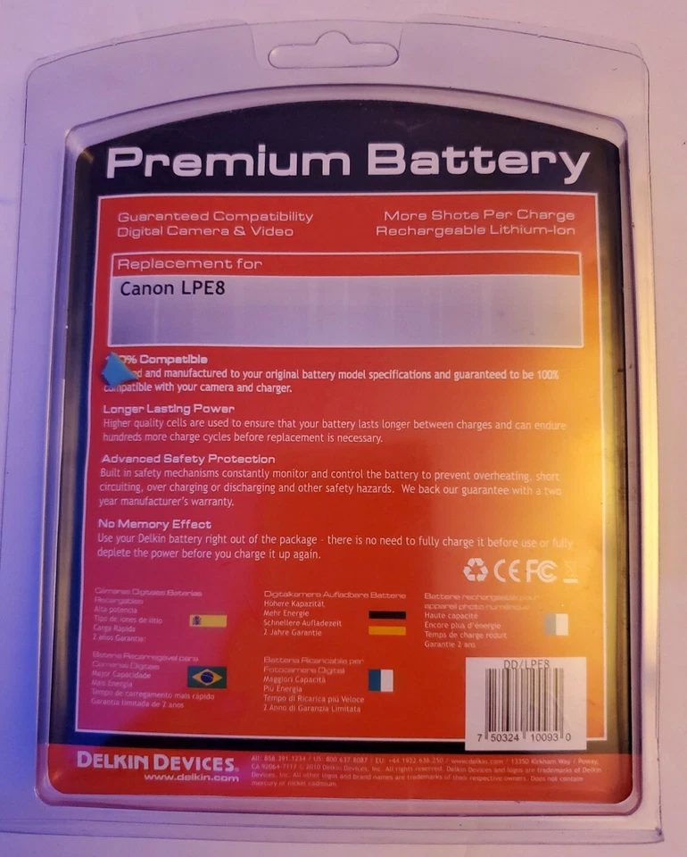 Batería Delkin Premium Canon LPE8. Foto 2 de 3