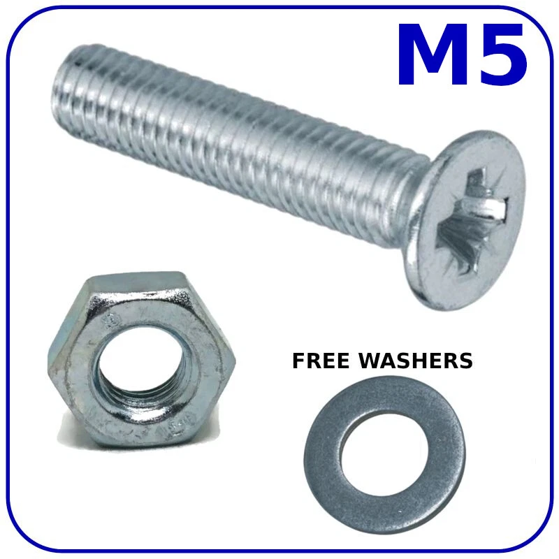 R-FASTENERS BOLTS AND NUTS M5 (5mm) MACHINE SCREWS COUNTERSUNK ZINC PLATED FREE WASHERS