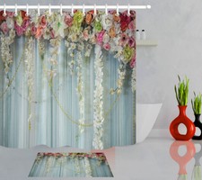 Beautiful Colorful Flowers Design Bathroom Waterproof Fabric Shower Curtain Set